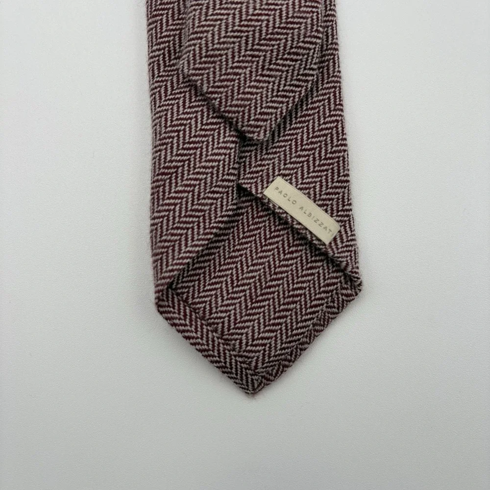 Paolo Albizzati Tie Men Burgundy White Herringbone‎ 100% Wool Italy 2.5